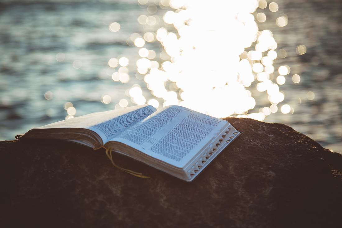 The bible open on a stone against the sea